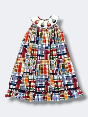 Banana Split Dress Girls 5 Madras Plaid Nautical Sailboats Smocked Cotton Summer